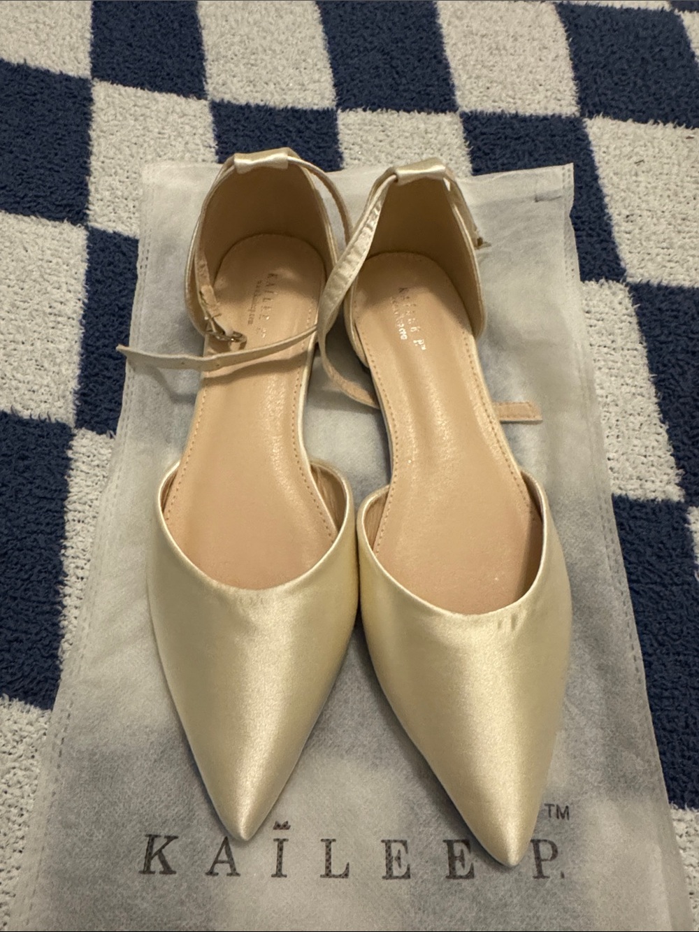 KAILEE P Pointed Toe Ankle-Strap Flats in Champagne Gold